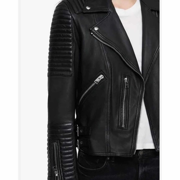 All Saints Estella Biker Moto Lamb Leather Crop Jacket Size 2 Black - Picture 13 of 13